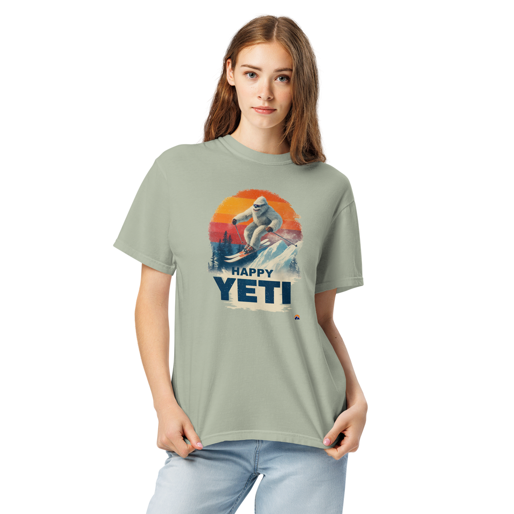 Happy Yeti — Grin Dwellers Bay heavyweight garment-dyed tee, detail view