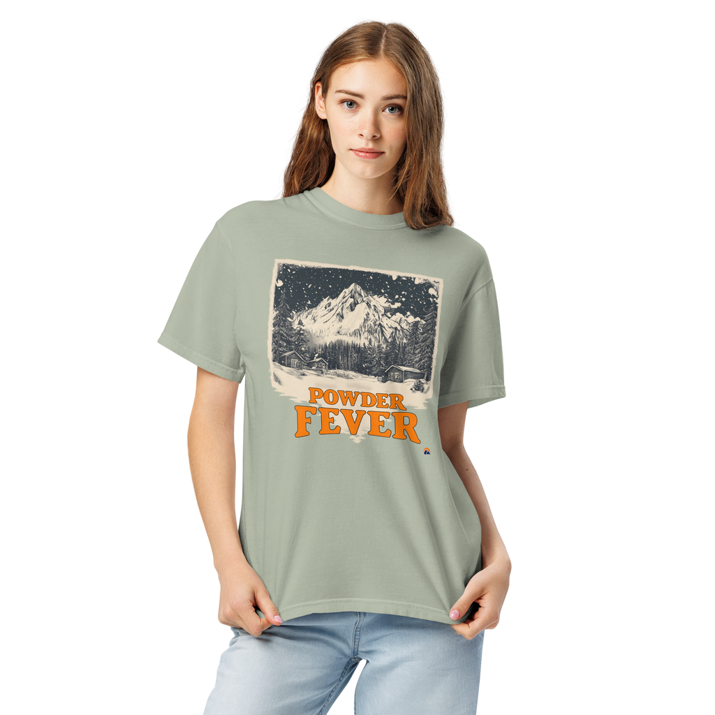 Powder Fever — Grin Dwellers Bay heavyweight garment-dyed tee, detail view
