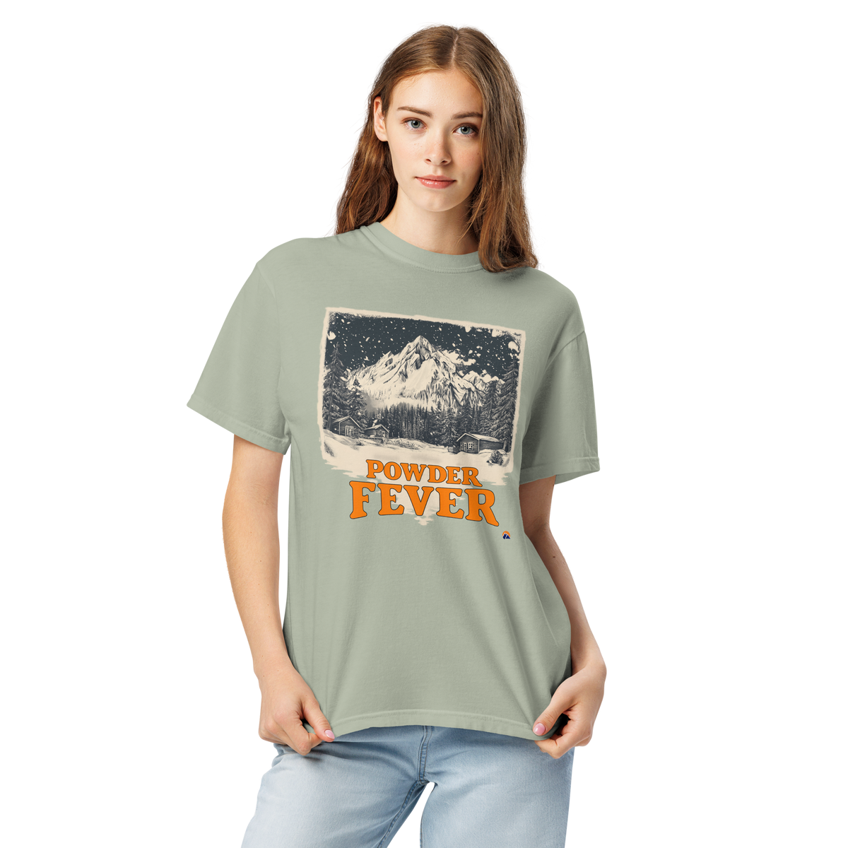 Powder Fever — Grin Dwellers Bay heavyweight garment-dyed tee, detail view