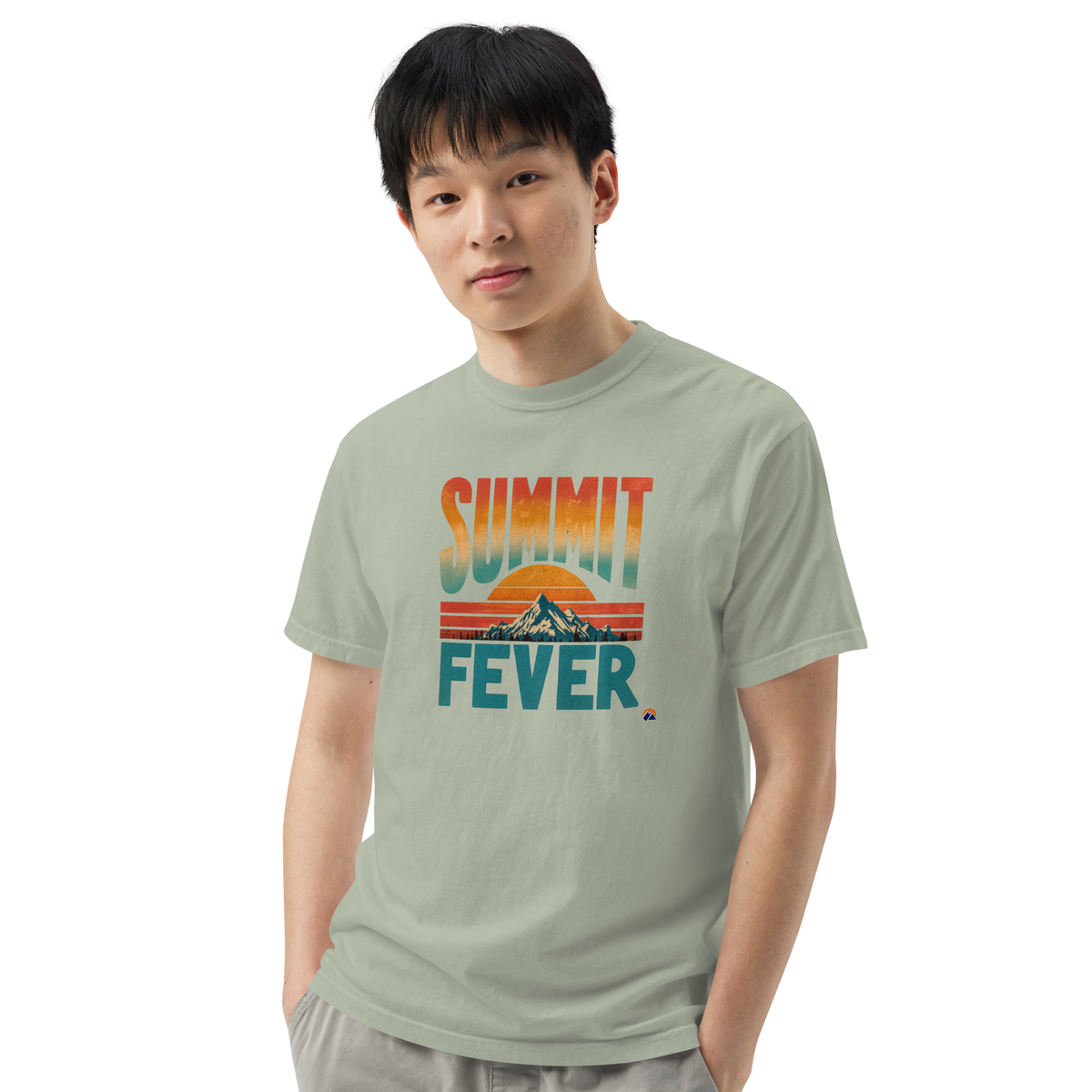 Summit Fever — Grin Dwellers Bay heavyweight garment-dyed tee, close-up detail
