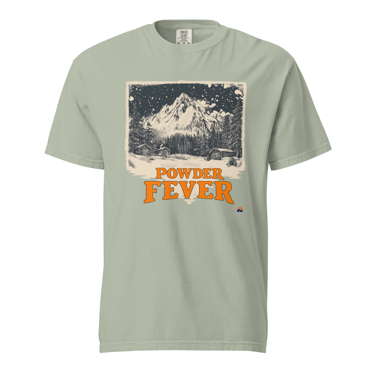 Powder Fever — Grin Dwellers Bay heavyweight garment-dyed tee, front view