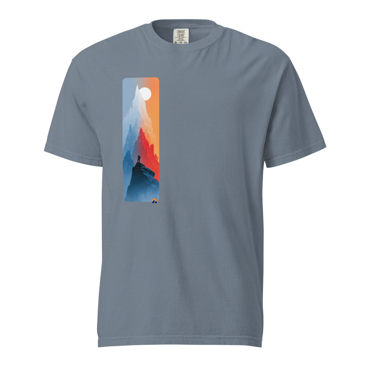 Summit Solitude — Grin Dwellers Blue Jean heavyweight garment-dyed tee, front view