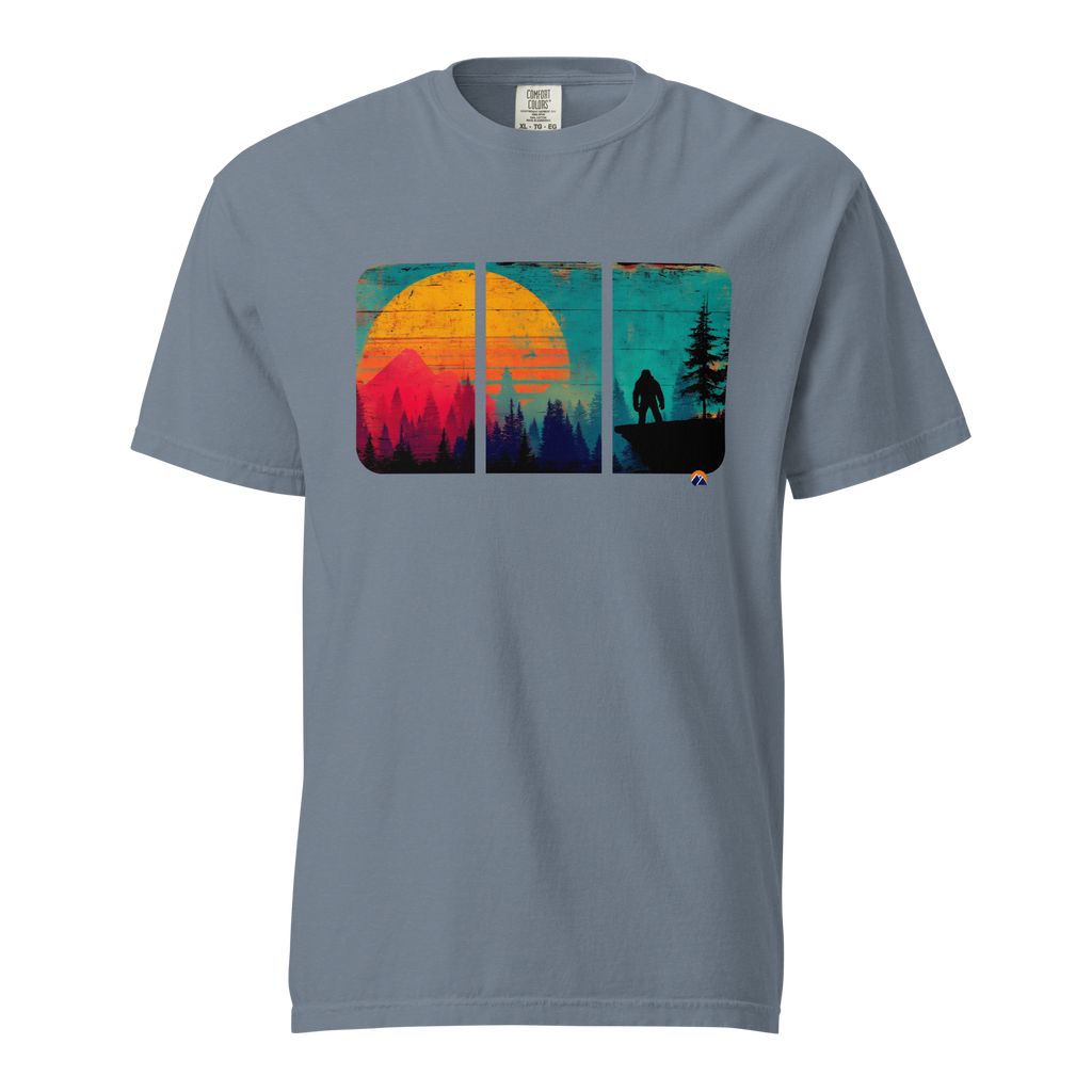 Bigfoot At Dusk — Grin Dwellers Blue Jean heavyweight garment-dyed tee, front view