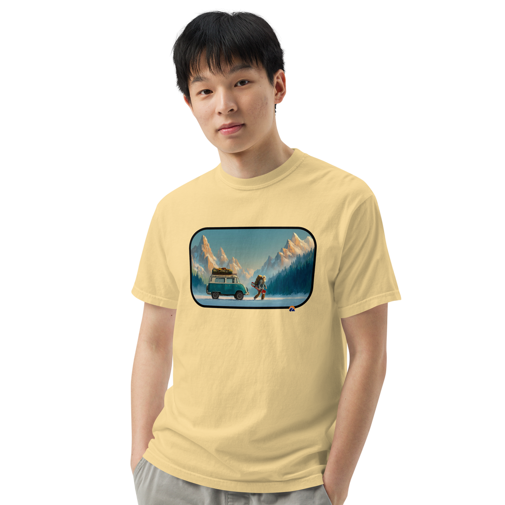 Van Life Powder — Grin Dwellers Butter heavyweight garment-dyed tee, close-up detail