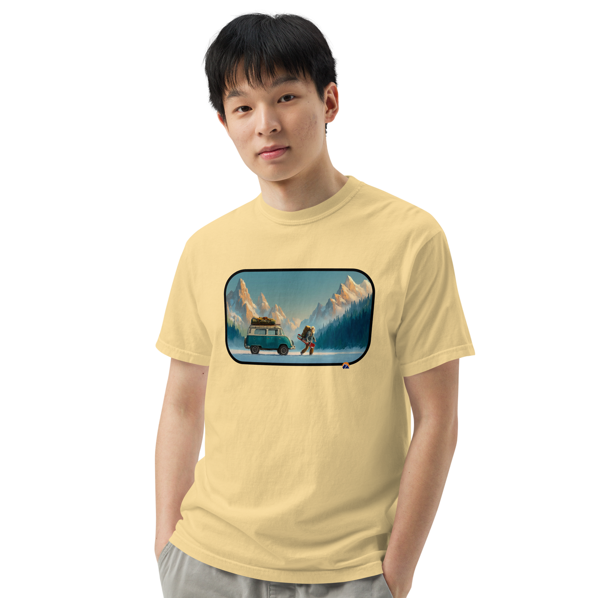 Van Life Powder — Grin Dwellers Butter heavyweight garment-dyed tee, close-up detail