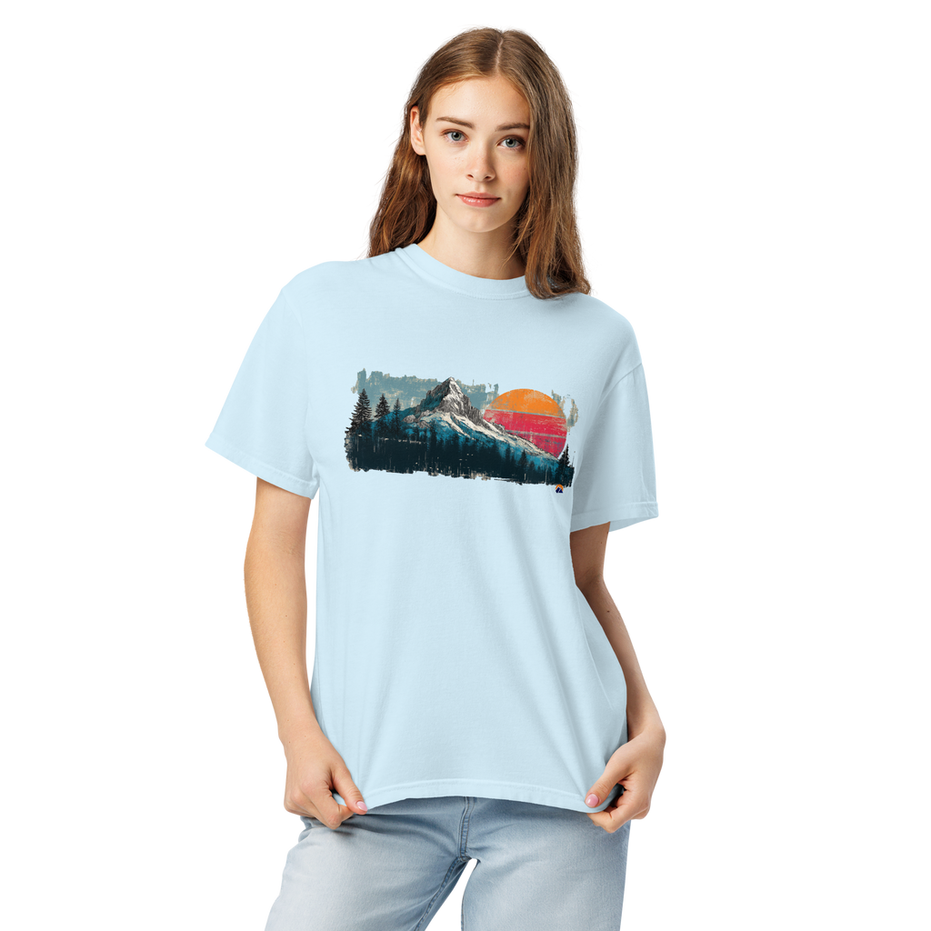 Sunset Summit — Grin Dwellers Chambray heavyweight garment-dyed tee, detail view