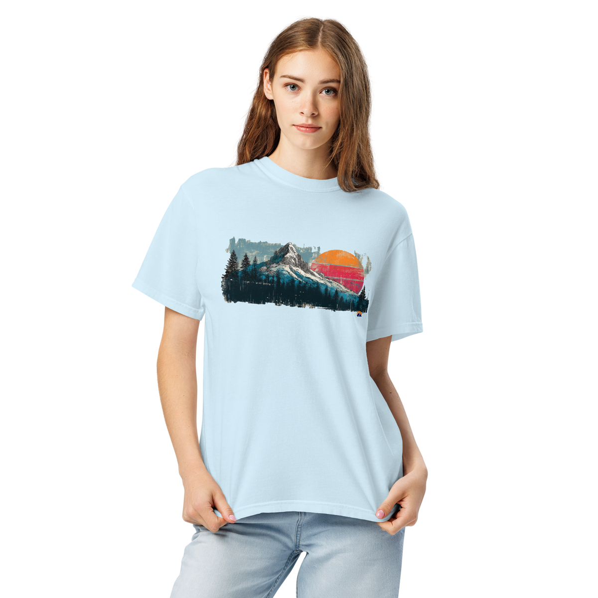 Sunset Summit — Grin Dwellers Chambray heavyweight garment-dyed tee, detail view