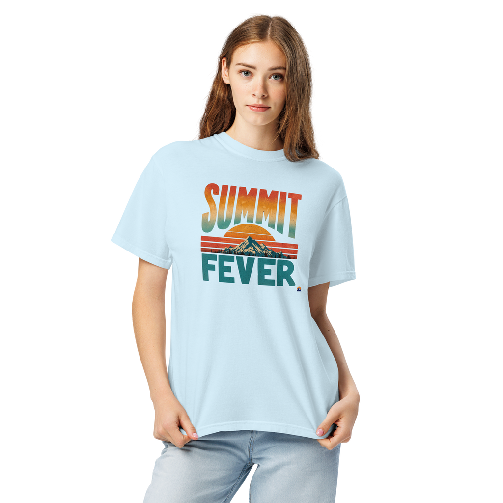 Summit Fever — Grin Dwellers Chambray heavyweight garment-dyed tee, detail view