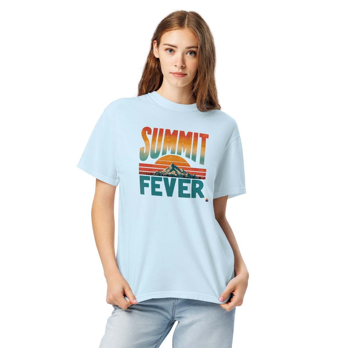 Summit Fever — Grin Dwellers Chambray heavyweight garment-dyed tee, detail view