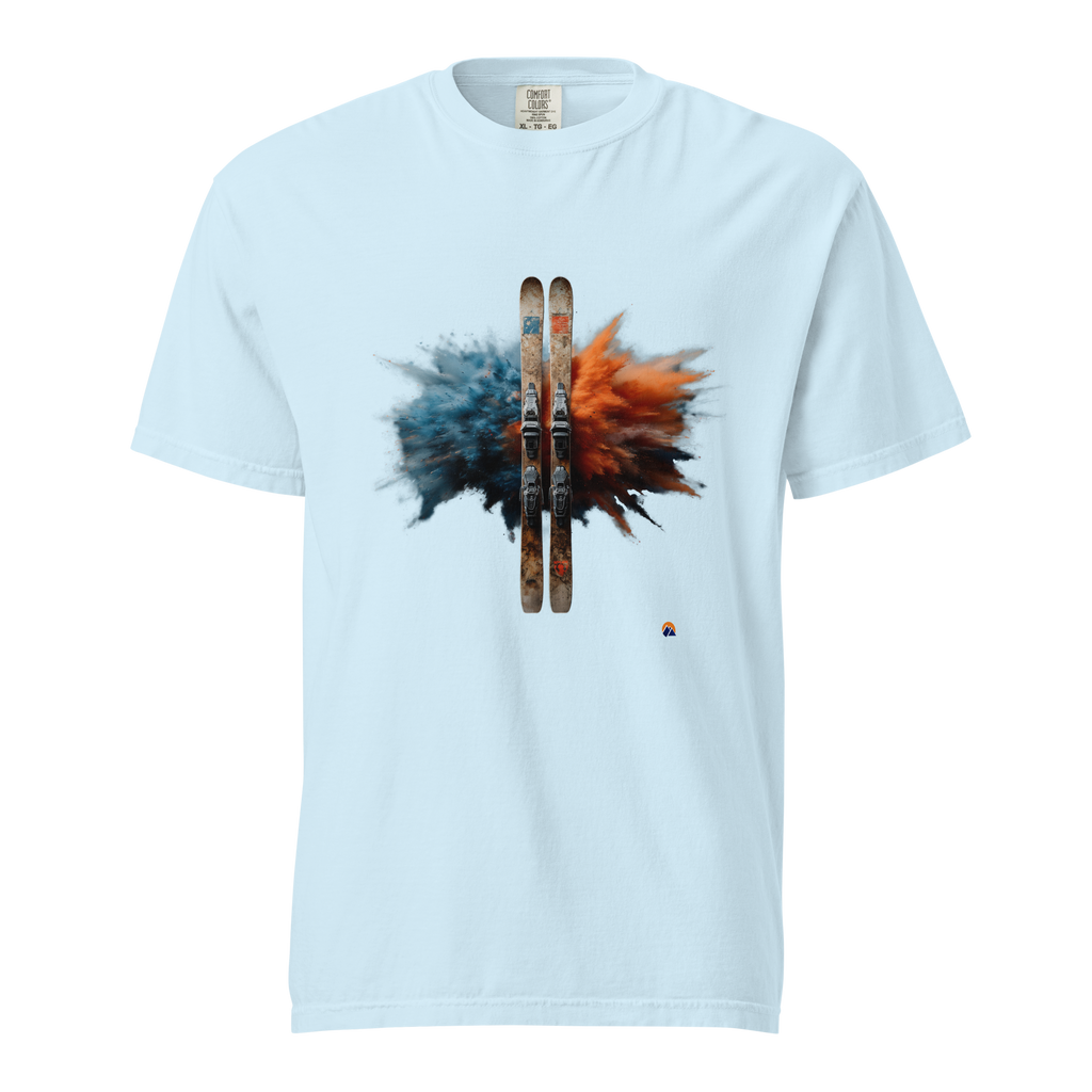 Powder Burst — Grin Dwellers Chambray heavyweight garment-dyed tee, front view