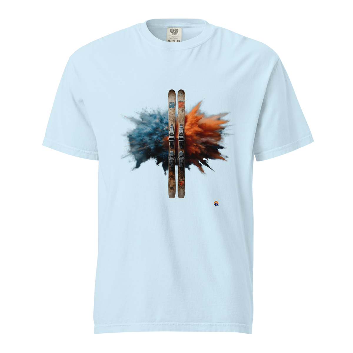 Powder Burst — Grin Dwellers Chambray heavyweight garment-dyed tee, front view