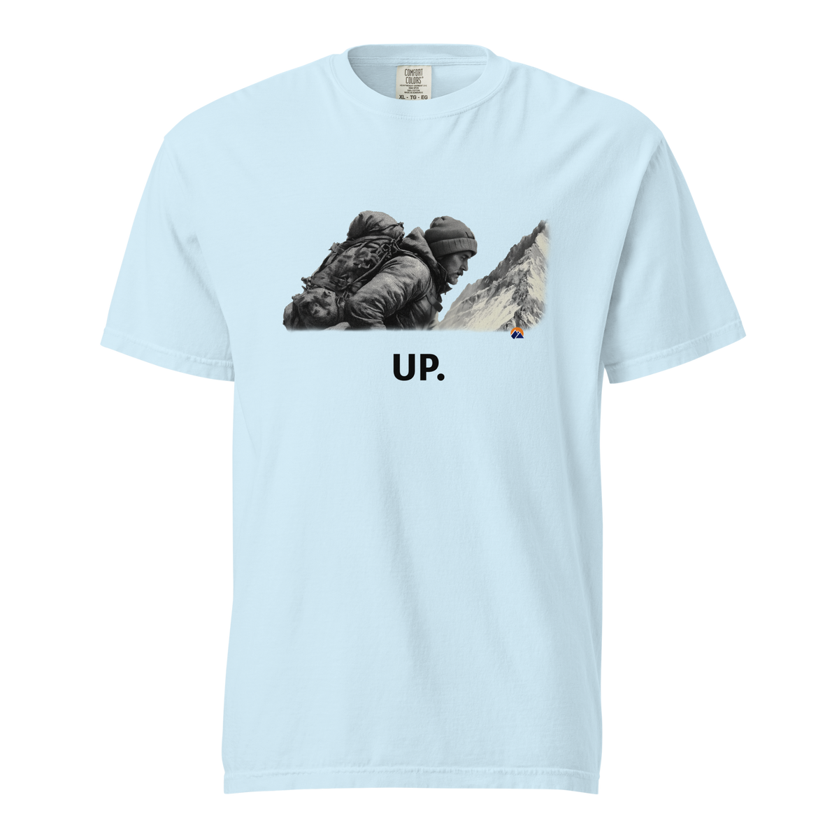 UP. — Grin Dwellers Chambray heavyweight garment-dyed tee, front view