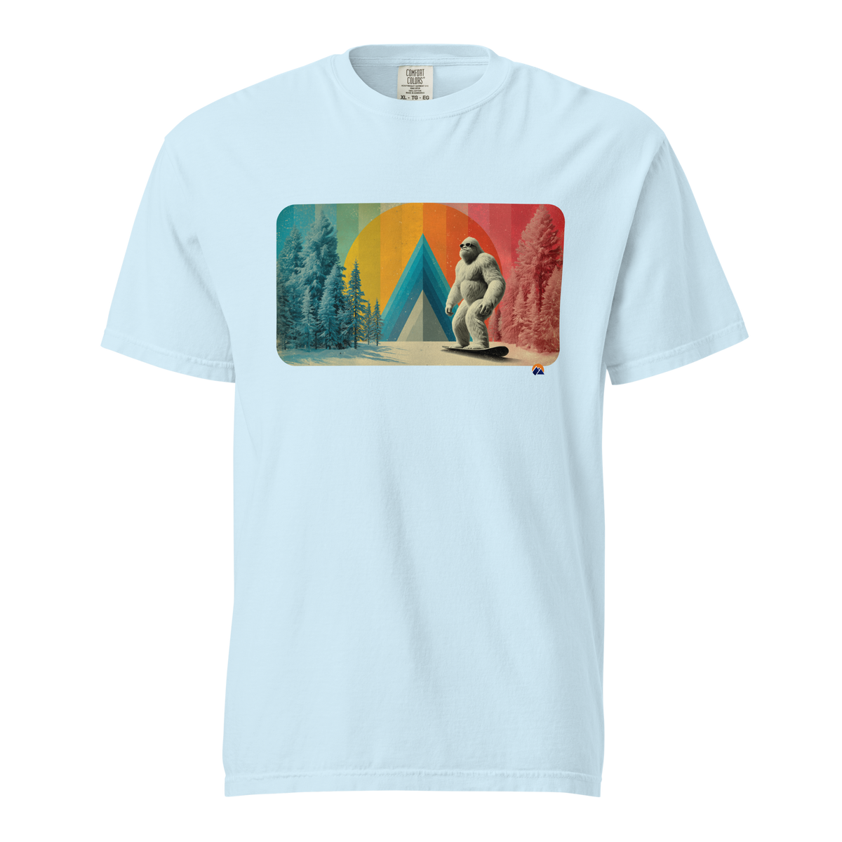 Retro Yeti Rider — Grin Dwellers Chambray heavyweight garment-dyed tee, front view