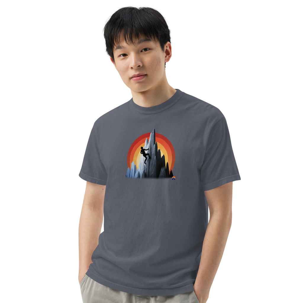 Sunset Climber — Grin Dwellers Denim heavyweight garment-dyed tee, close-up detail