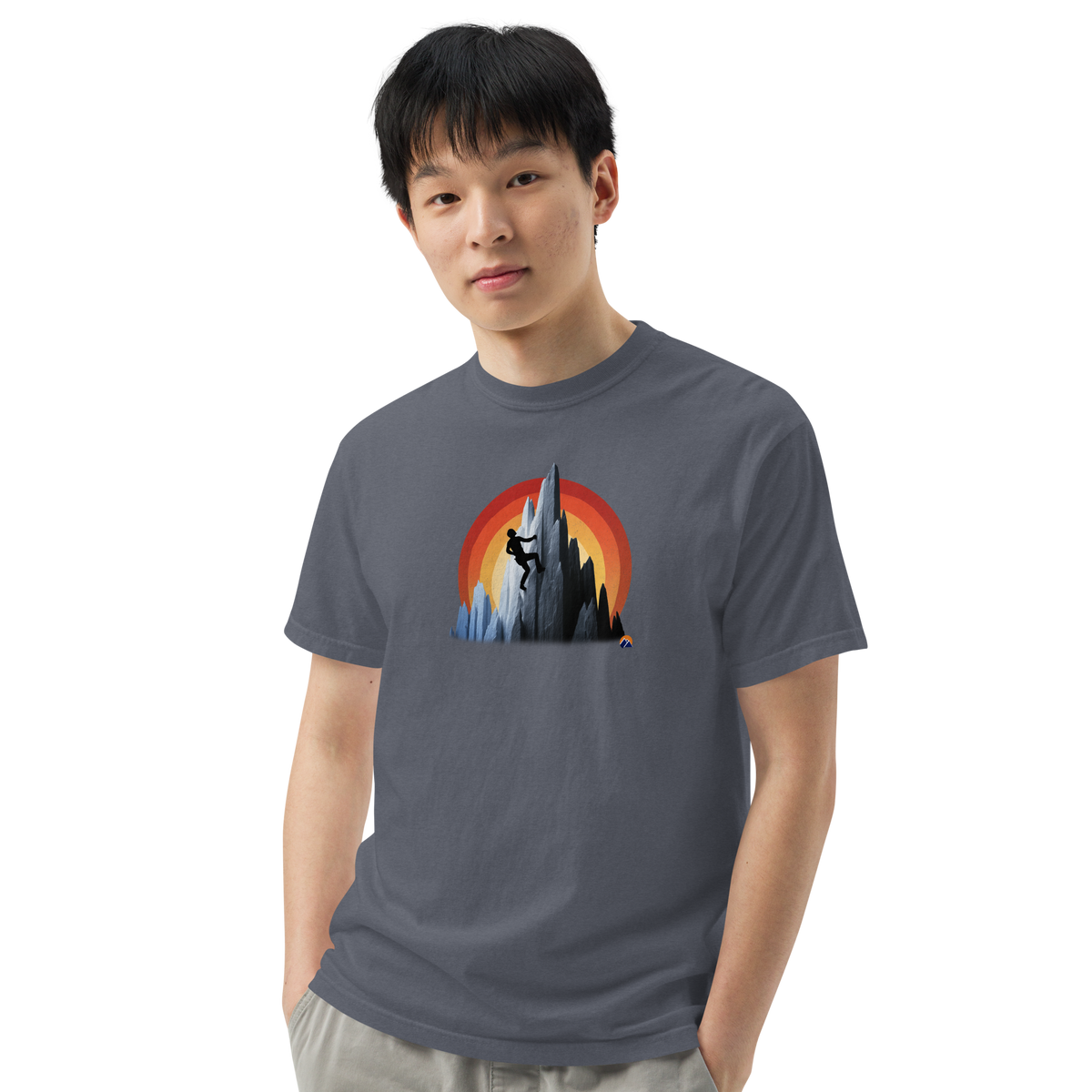 Sunset Climber — Grin Dwellers Denim heavyweight garment-dyed tee, close-up detail