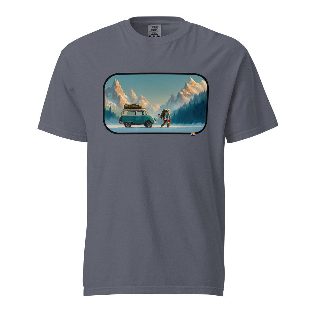 Van Life Powder — Grin Dwellers Denim heavyweight garment-dyed tee, front view