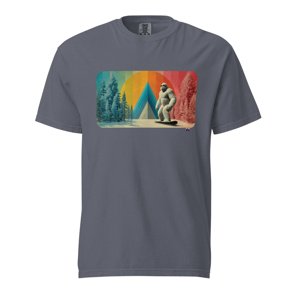 Retro Yeti Rider — Grin Dwellers Denim heavyweight garment-dyed tee, front view