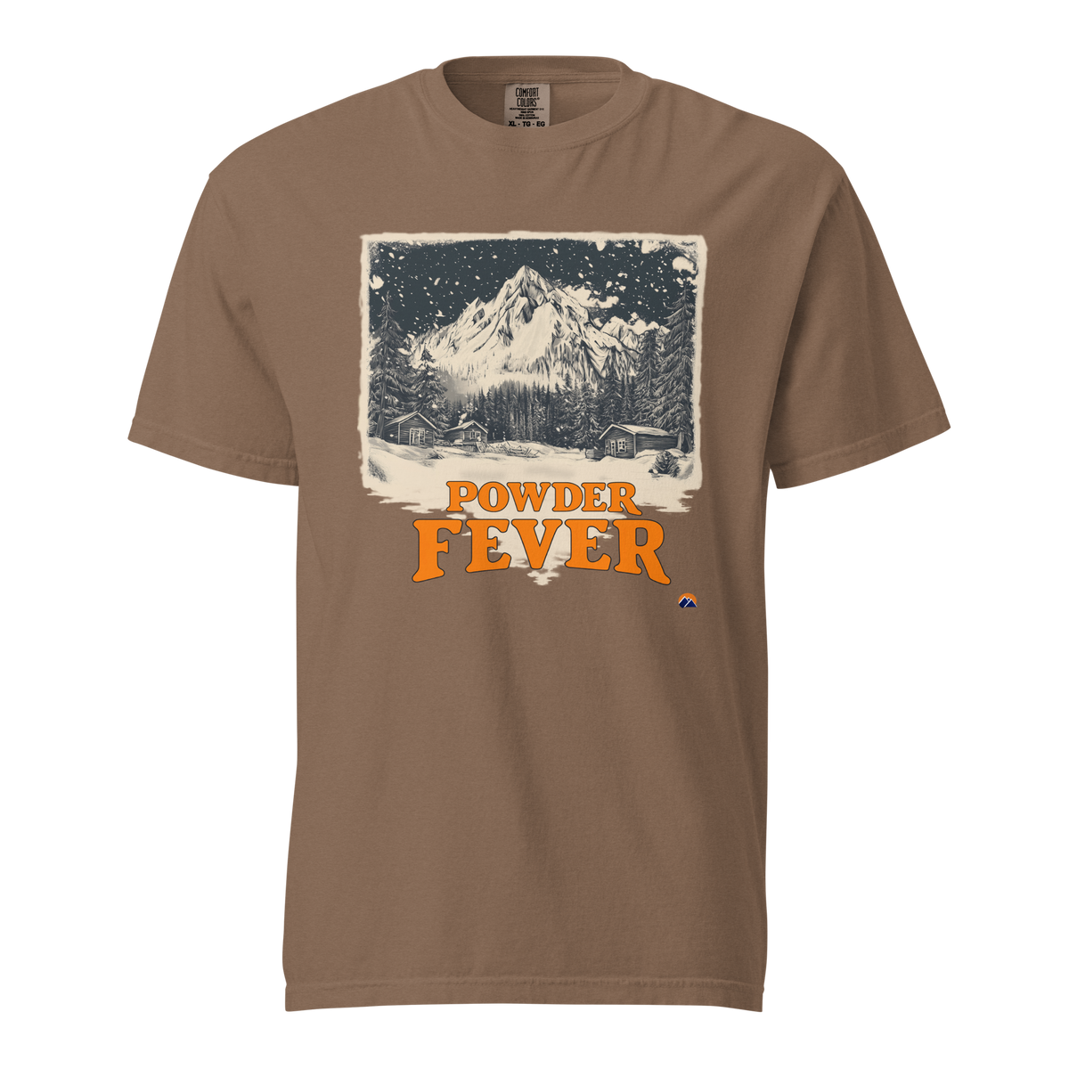 Powder Fever — Grin Dwellers Espresso heavyweight garment-dyed tee, front view