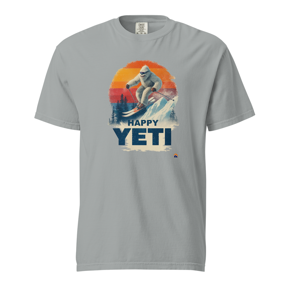 Happy Yeti — Grin Dwellers Granite heavyweight garment-dyed tee, front view