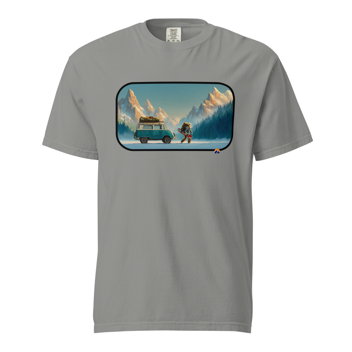 Van Life Powder — Grin Dwellers Grey heavyweight garment-dyed tee, front view