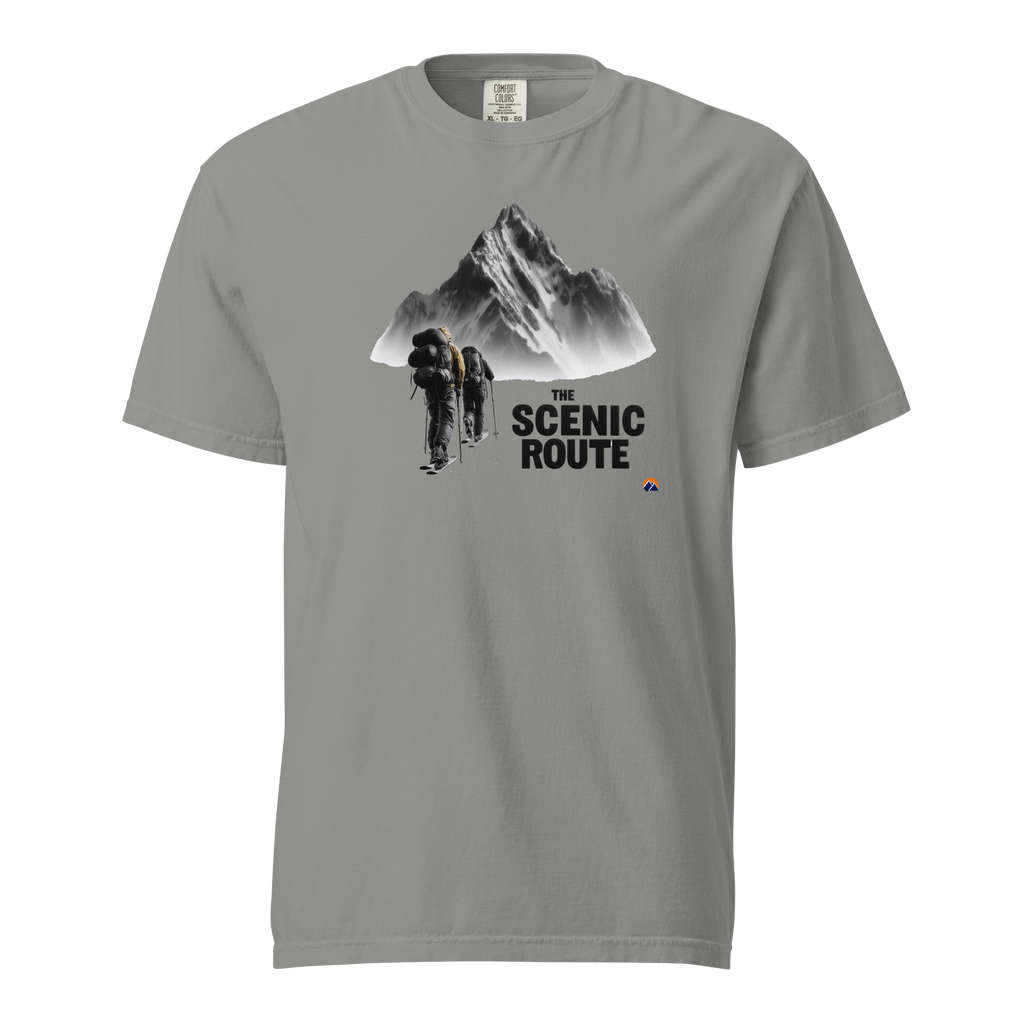 The Scenic Route — Grin Dwellers Grey heavyweight garment-dyed tee, front view