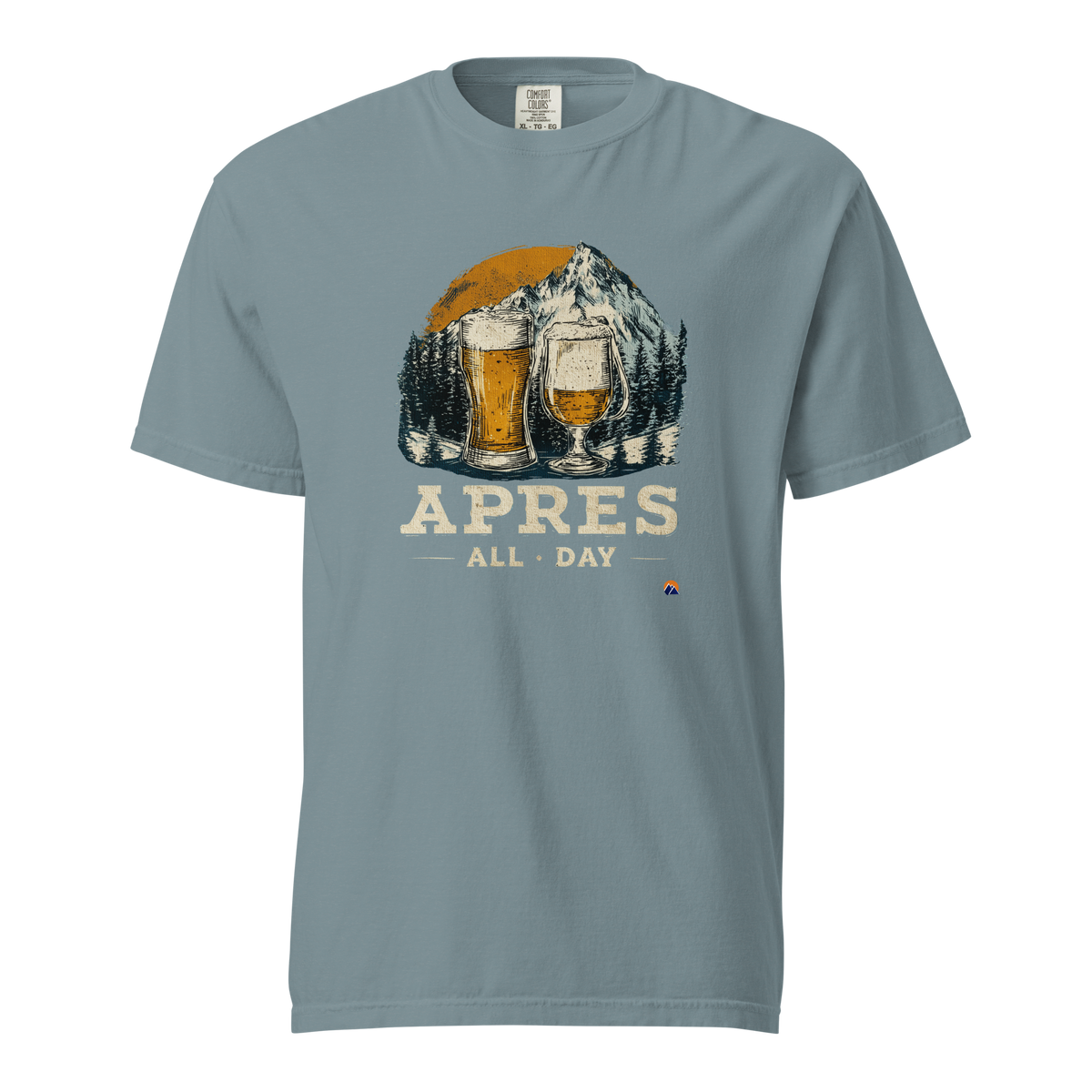 Apres All Day — Grin Dwellers Ice Blue heavyweight garment-dyed tee, front view