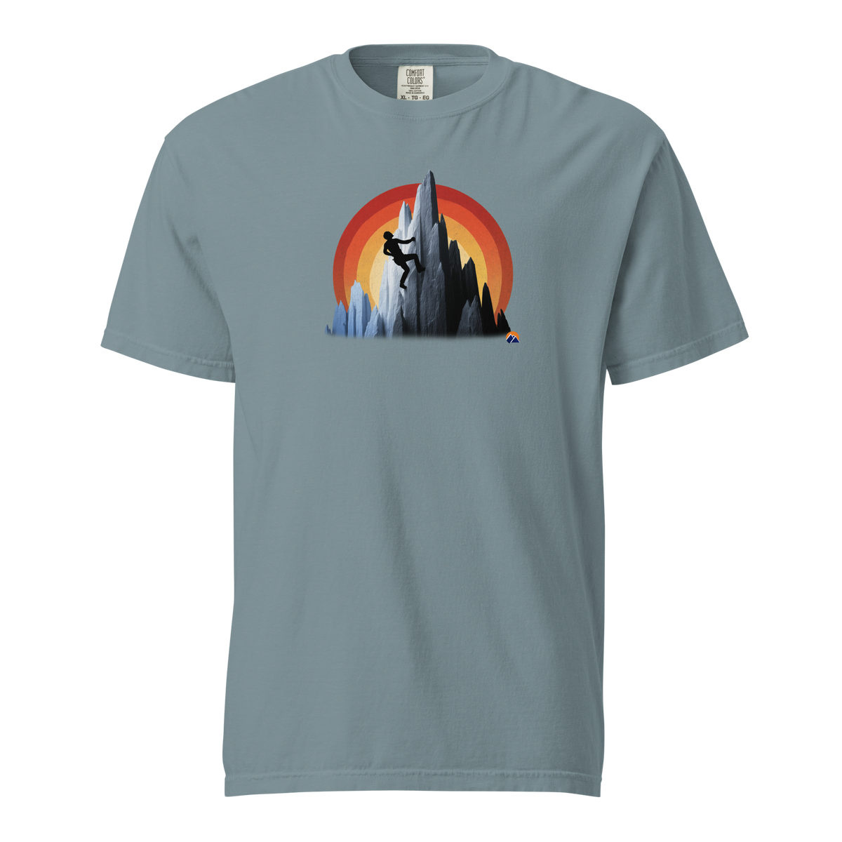 Sunset Climber — Grin Dwellers Ice Blue heavyweight garment-dyed tee, front view