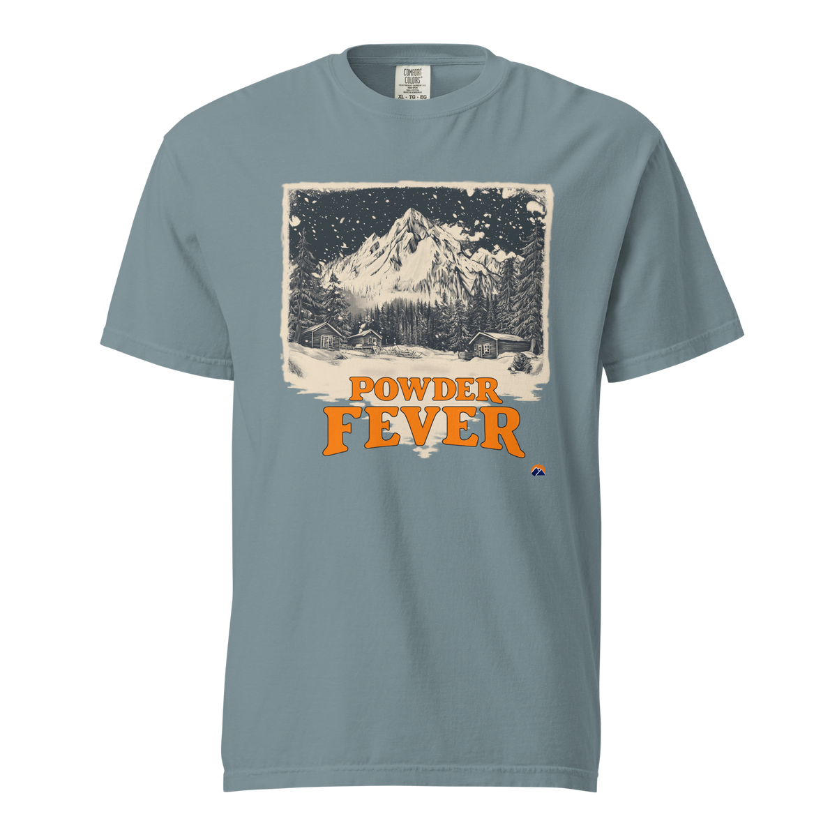Powder Fever — Grin Dwellers Ice Blue heavyweight garment-dyed tee, front view
