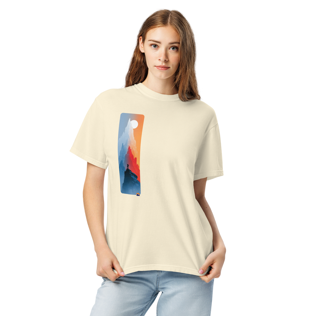 Summit Solitude — Grin Dwellers Ivory heavyweight garment-dyed tee, detail view