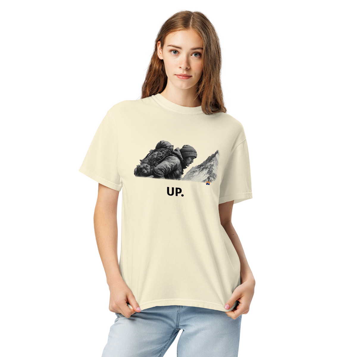 UP. — Grin Dwellers Ivory heavyweight garment-dyed tee, detail view