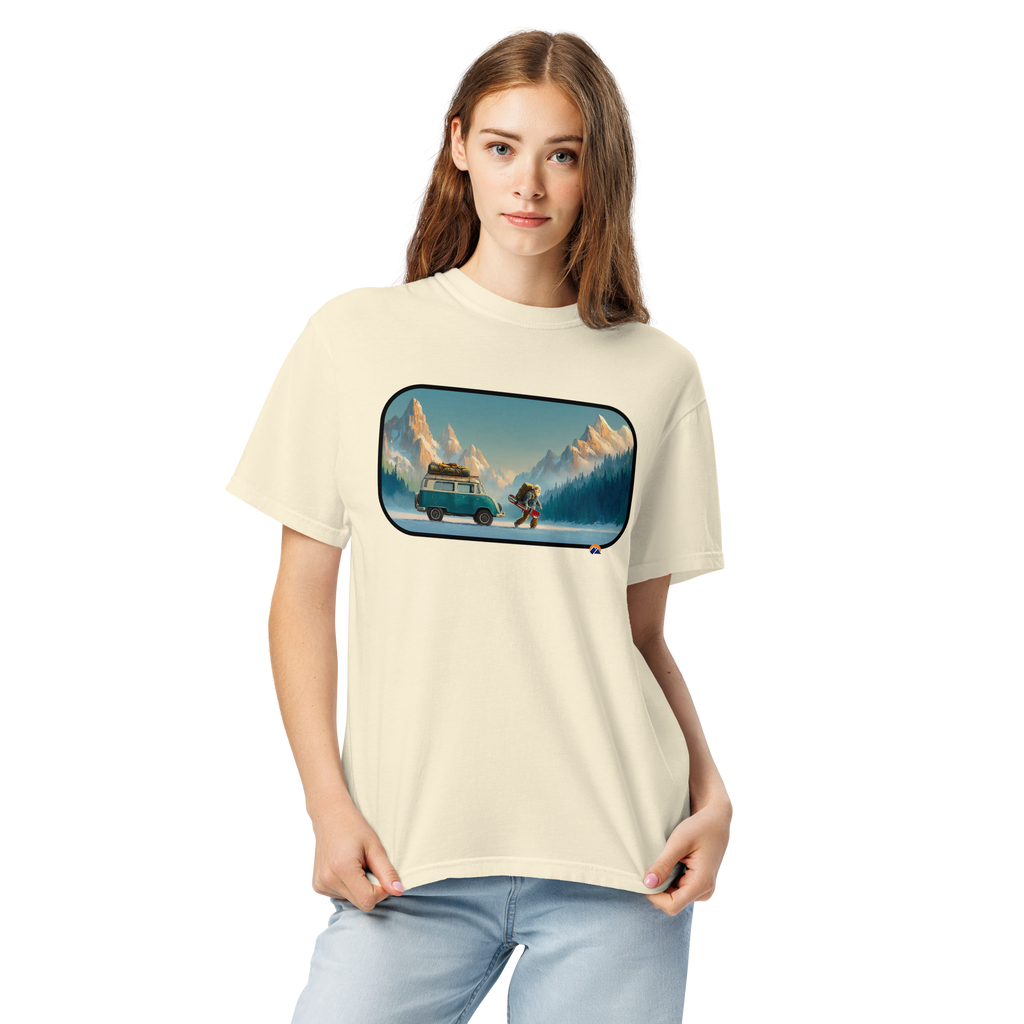 Van Life Powder — Grin Dwellers Ivory heavyweight garment-dyed tee, detail view