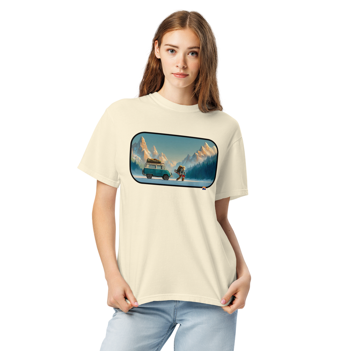Van Life Powder — Grin Dwellers Ivory heavyweight garment-dyed tee, detail view
