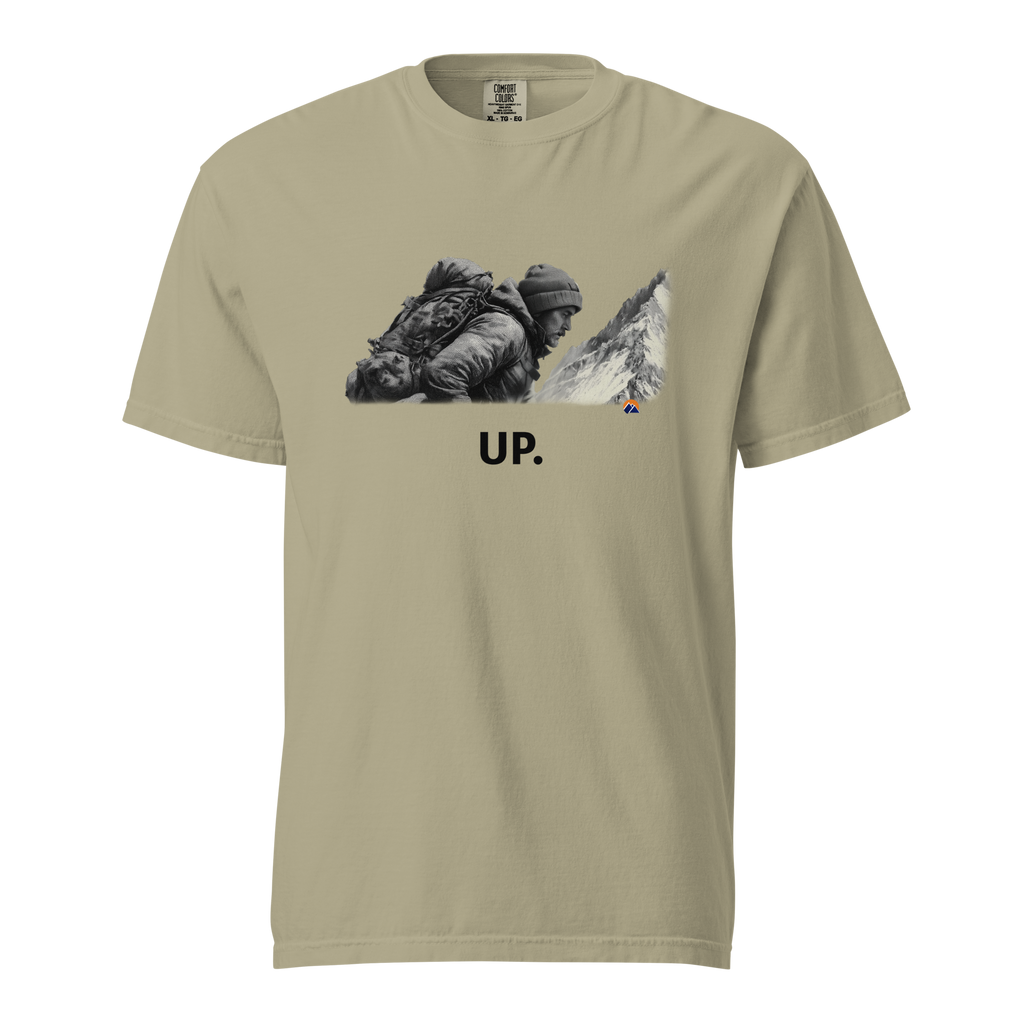 UP. — Grin Dwellers Khaki heavyweight garment-dyed tee, front view