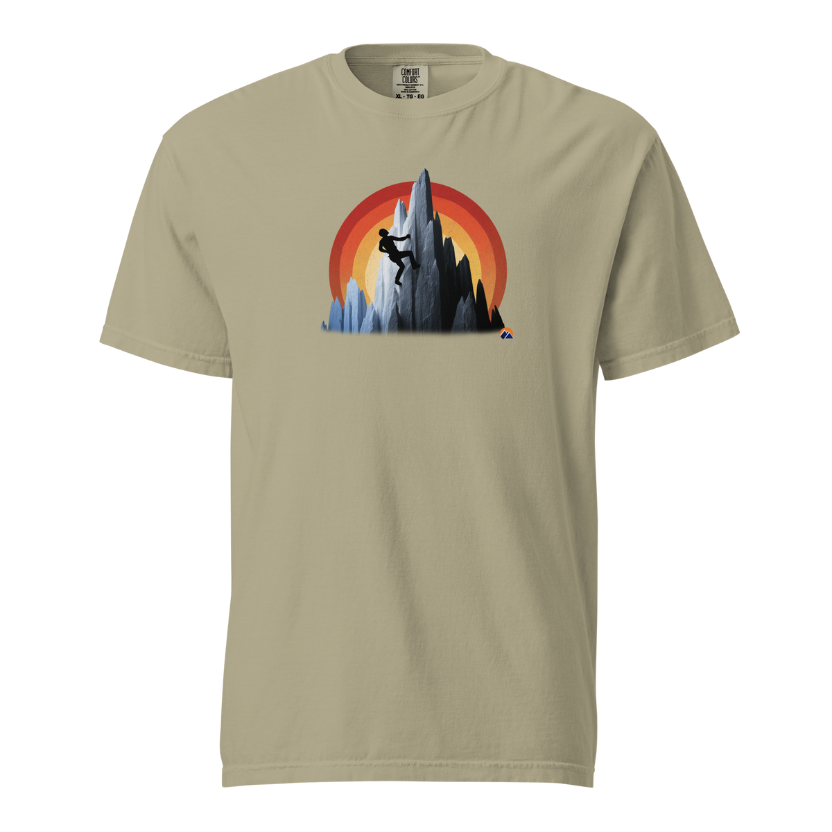 Sunset Climber — Grin Dwellers Khaki heavyweight garment-dyed tee, front view