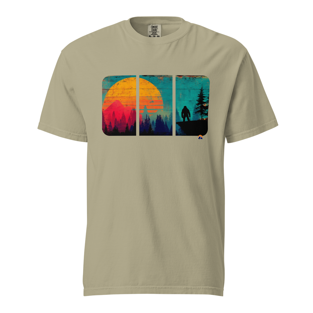 Bigfoot At Dusk — Grin Dwellers Khaki heavyweight garment-dyed tee, front view