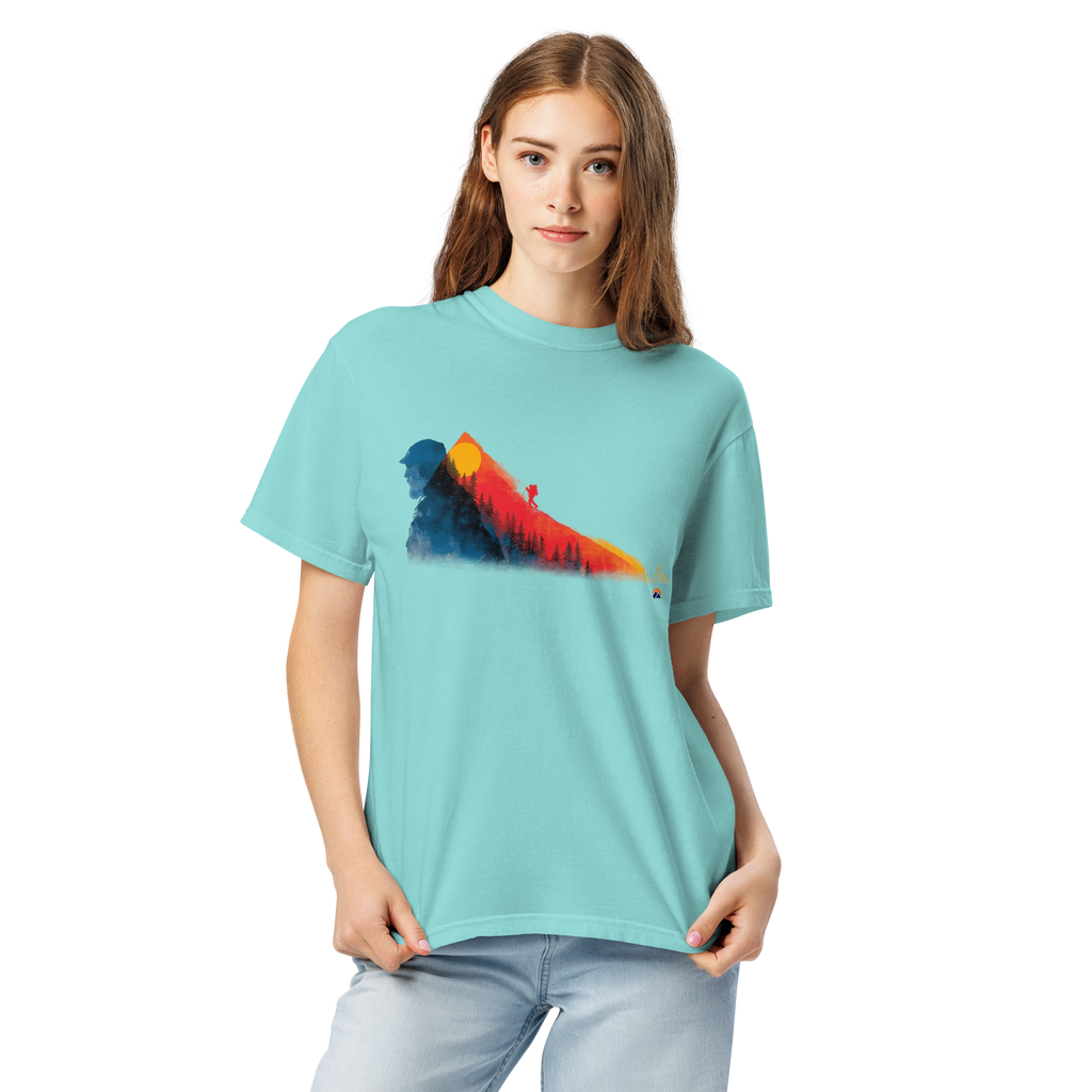 Mountain Layers — Grin Dwellers Lagoon Blue heavyweight garment-dyed tee, detail view