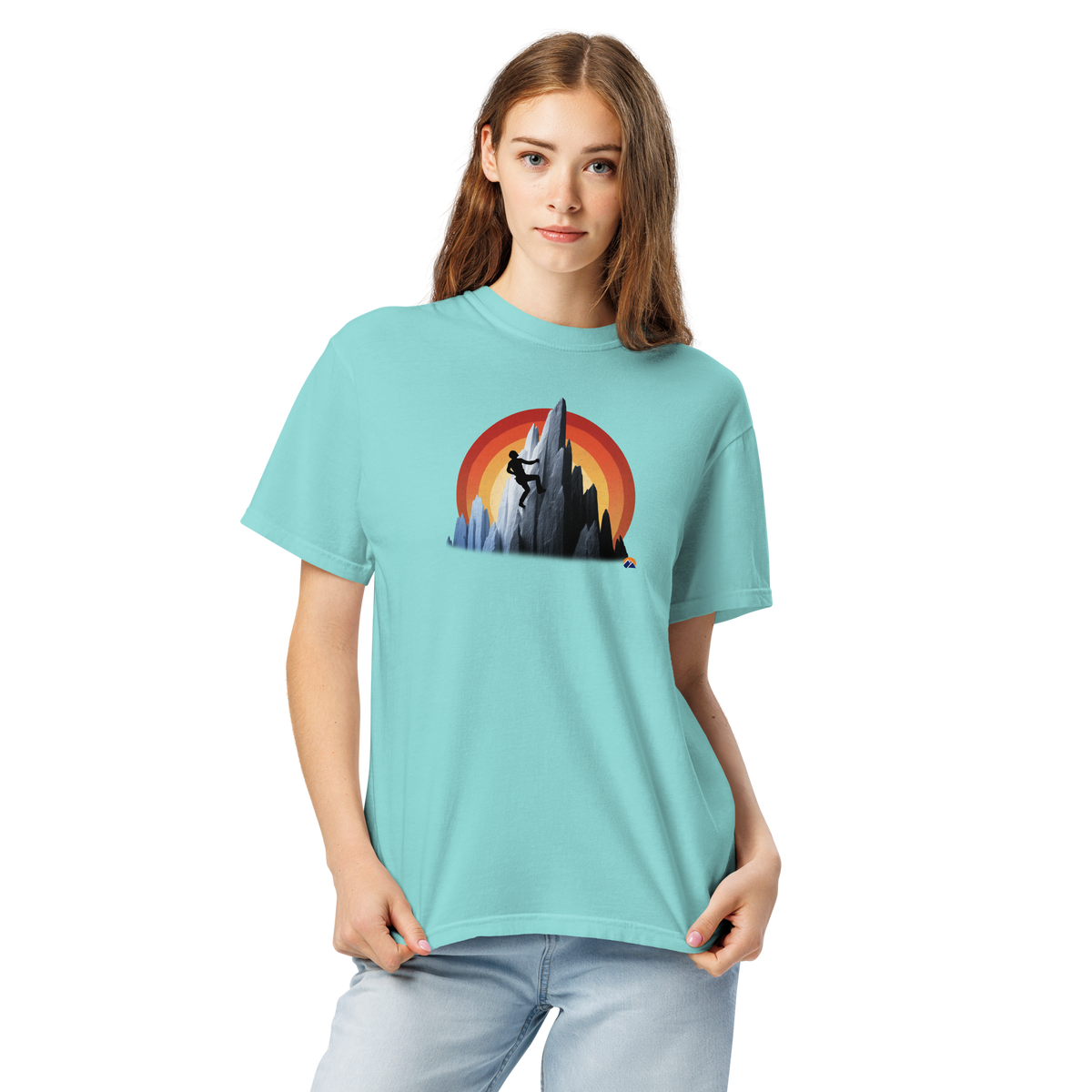 Sunset Climber — Grin Dwellers Lagoon Blue heavyweight garment-dyed tee, detail view