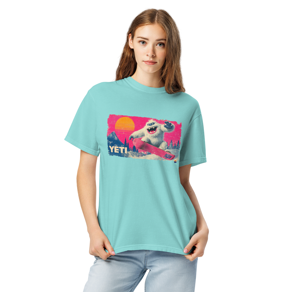 Yeti Shredder — Grin Dwellers Lagoon Blue heavyweight garment-dyed tee, detail view