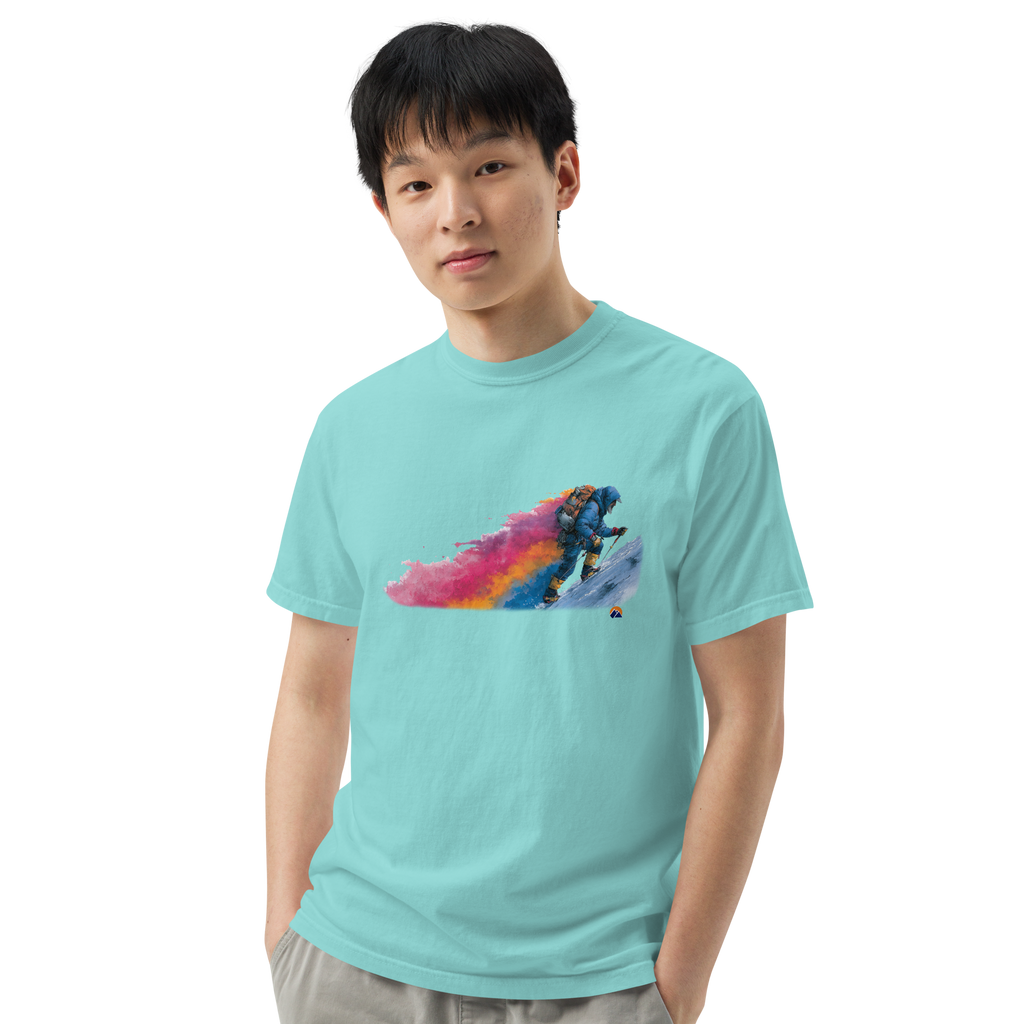 Winter Ascent — Grin Dwellers Lagoon Blue heavyweight garment-dyed tee, close-up detail