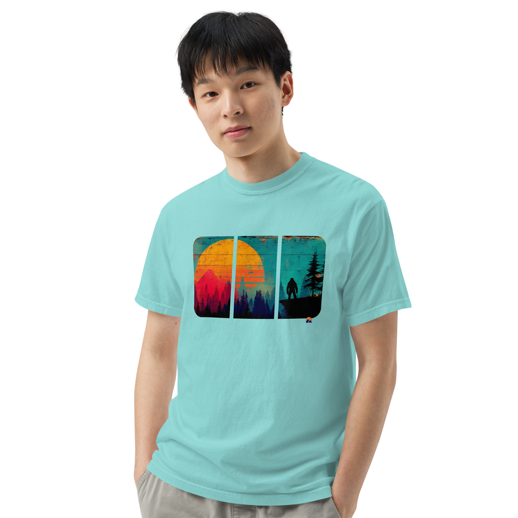 Bigfoot At Dusk — Grin Dwellers Lagoon Blue heavyweight garment-dyed tee, close-up detail