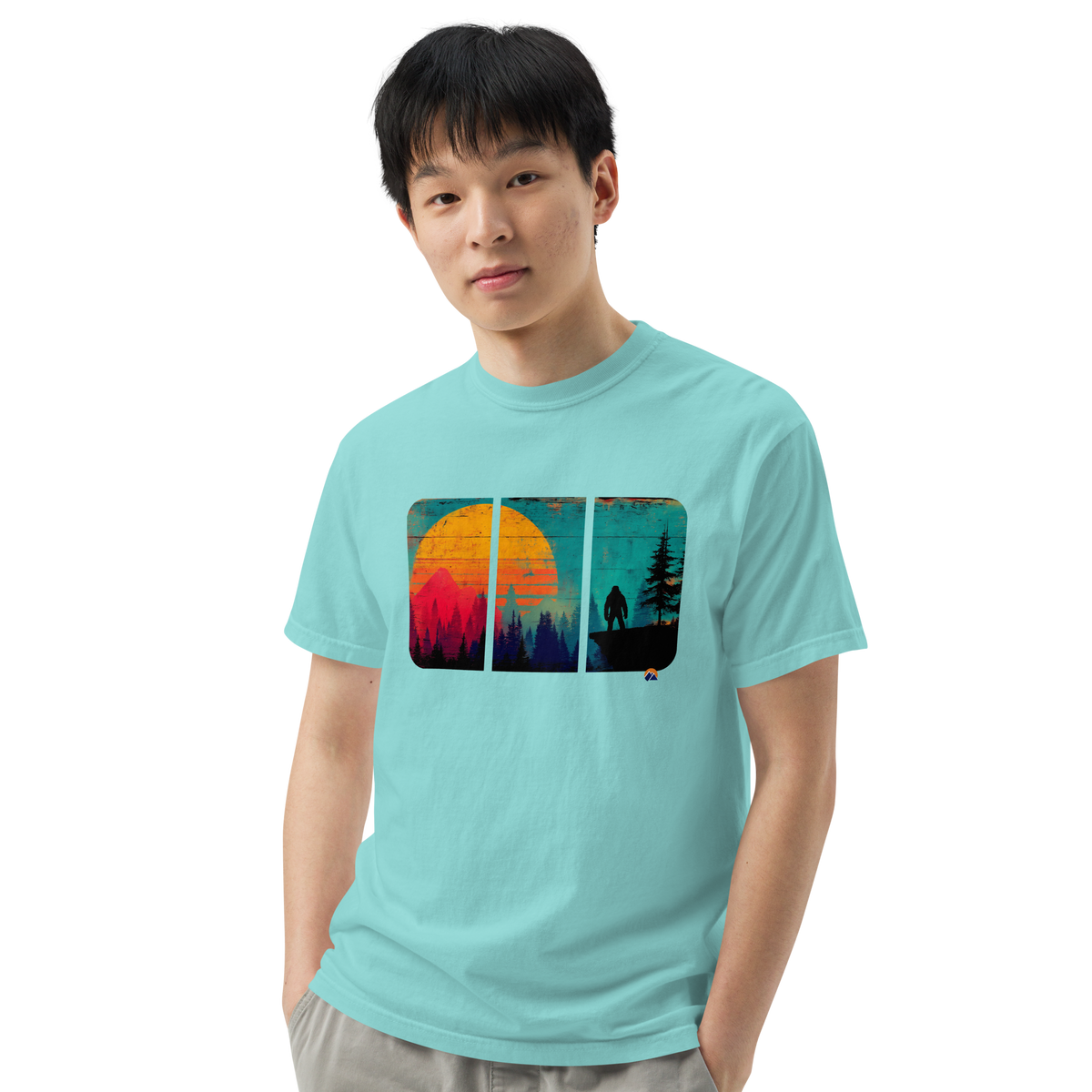 Bigfoot At Dusk — Grin Dwellers Lagoon Blue heavyweight garment-dyed tee, close-up detail