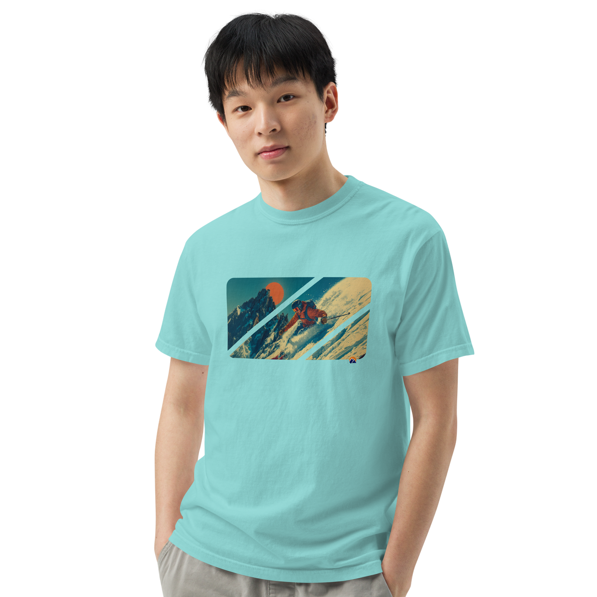 Last Light — Grin Dwellers Lagoon Blue heavyweight garment-dyed tee, close-up detail