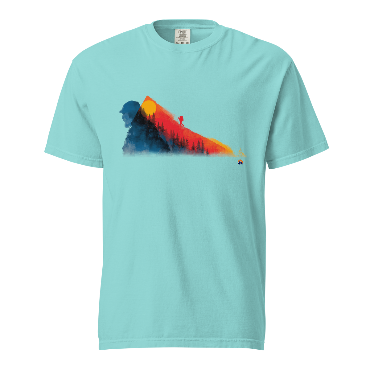Mountain Layers — Grin Dwellers Lagoon Blue heavyweight garment-dyed tee, front view