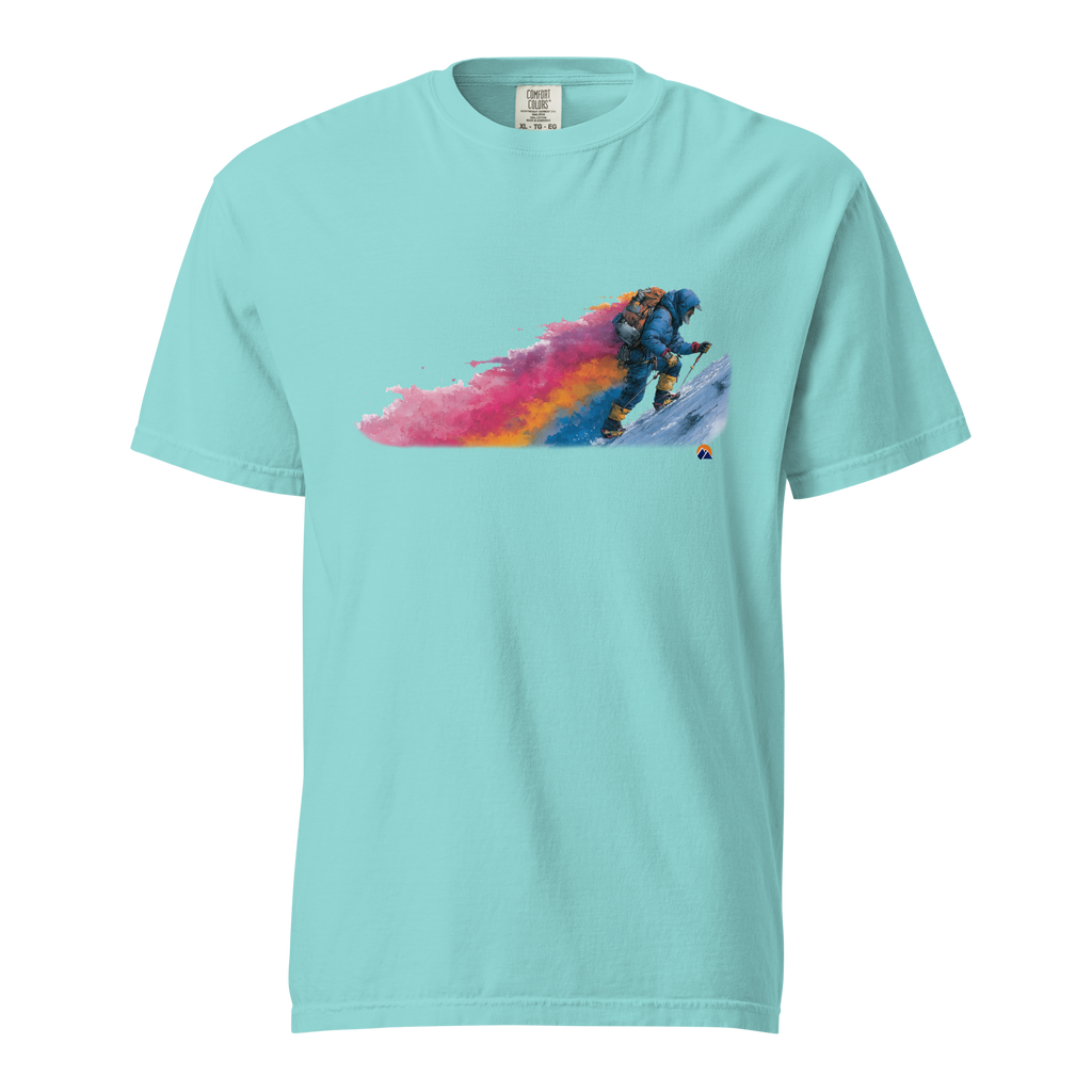 Winter Ascent — Grin Dwellers Lagoon Blue heavyweight garment-dyed tee, front view