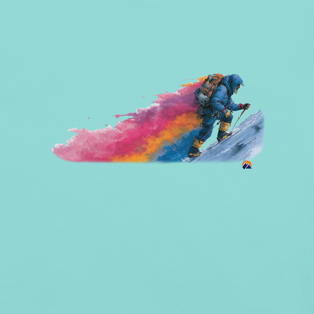 Winter Ascent — Grin Dwellers Lagoon Blue heavyweight garment-dyed tee, detail view