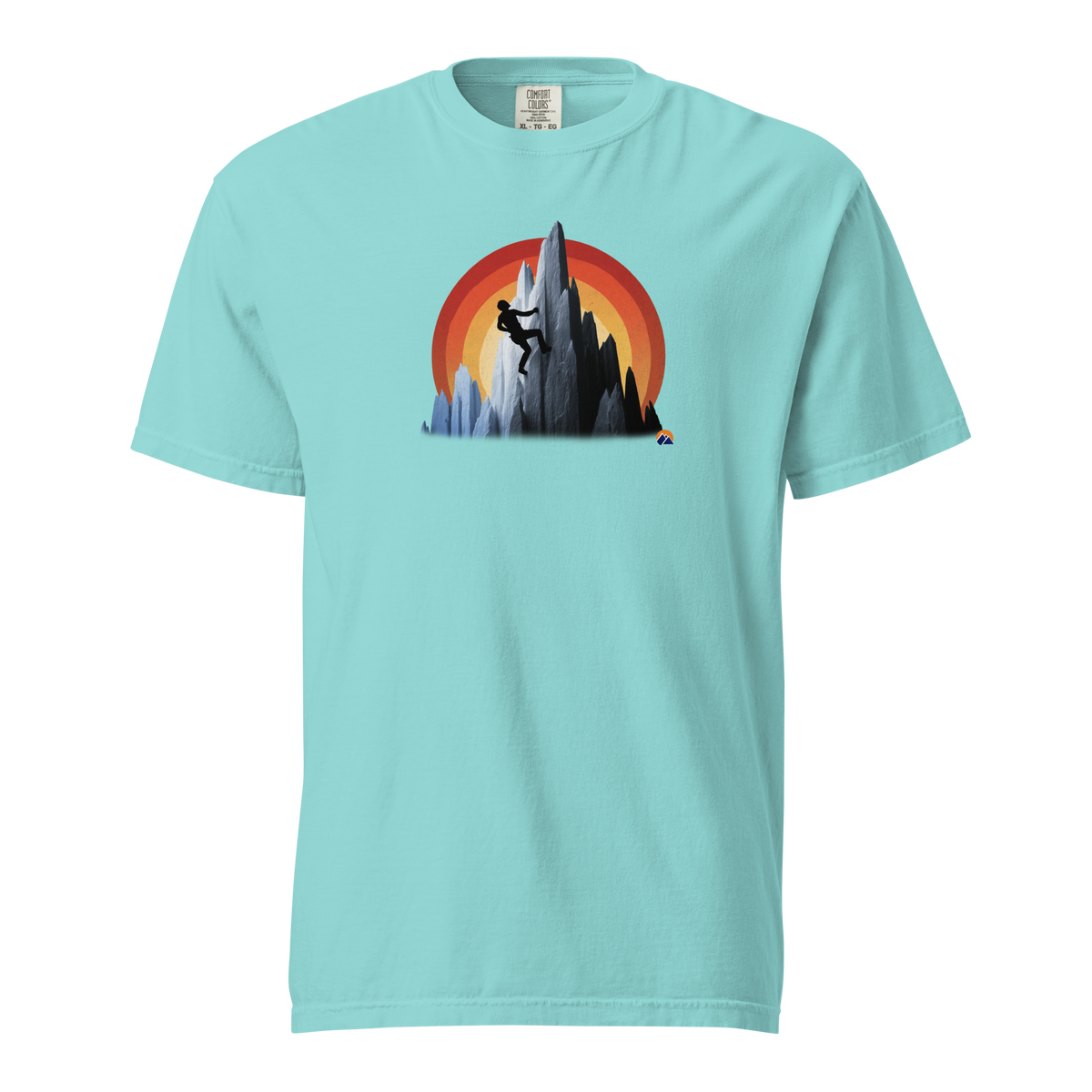 Sunset Climber — Grin Dwellers Lagoon Blue heavyweight garment-dyed tee, front view