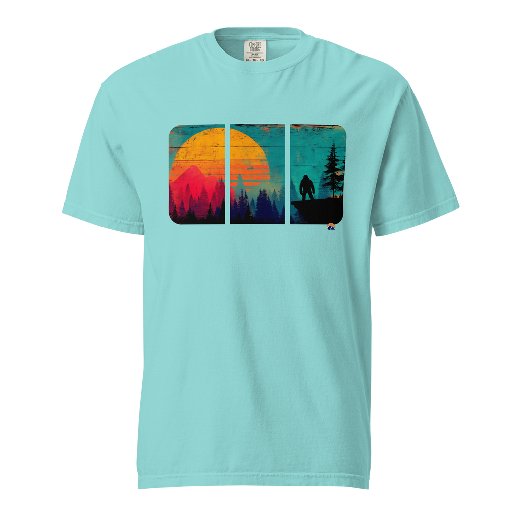 Bigfoot At Dusk — Grin Dwellers Lagoon Blue heavyweight garment-dyed tee, front view