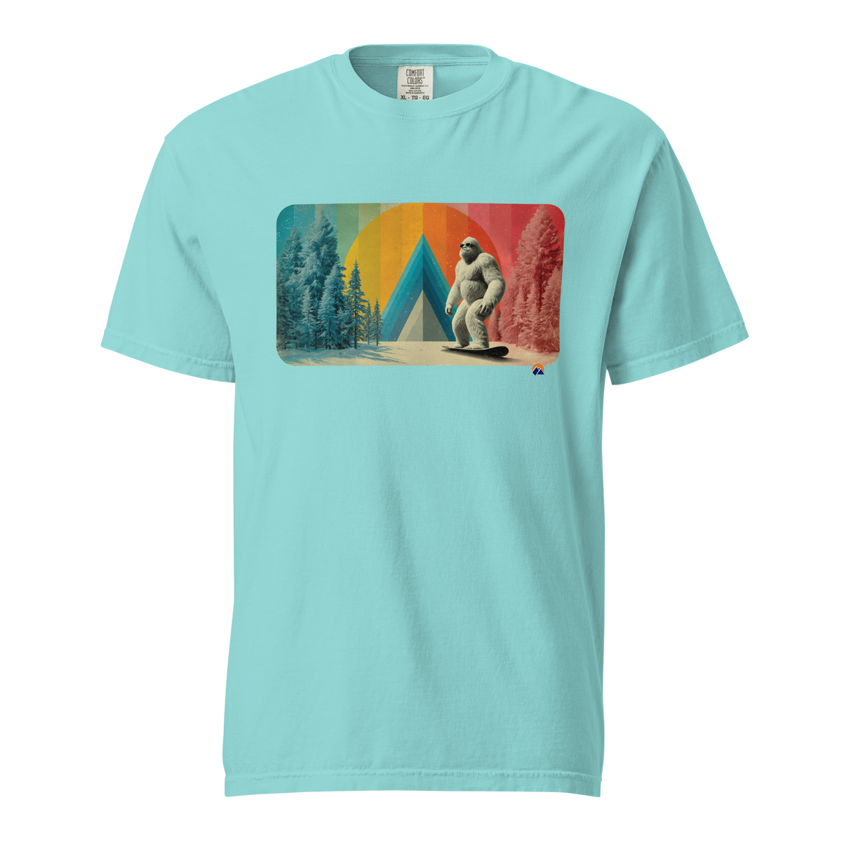 Retro Yeti Rider — Grin Dwellers Lagoon Blue heavyweight garment-dyed tee, front view