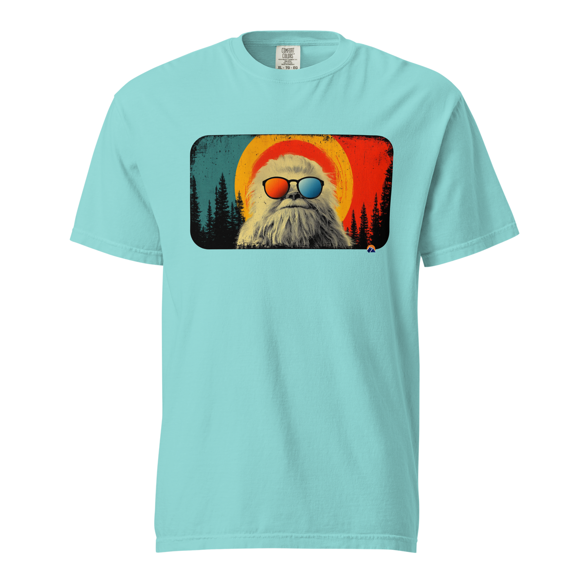 Vintage Yeti — Grin Dwellers Lagoon Blue heavyweight garment-dyed tee, front view