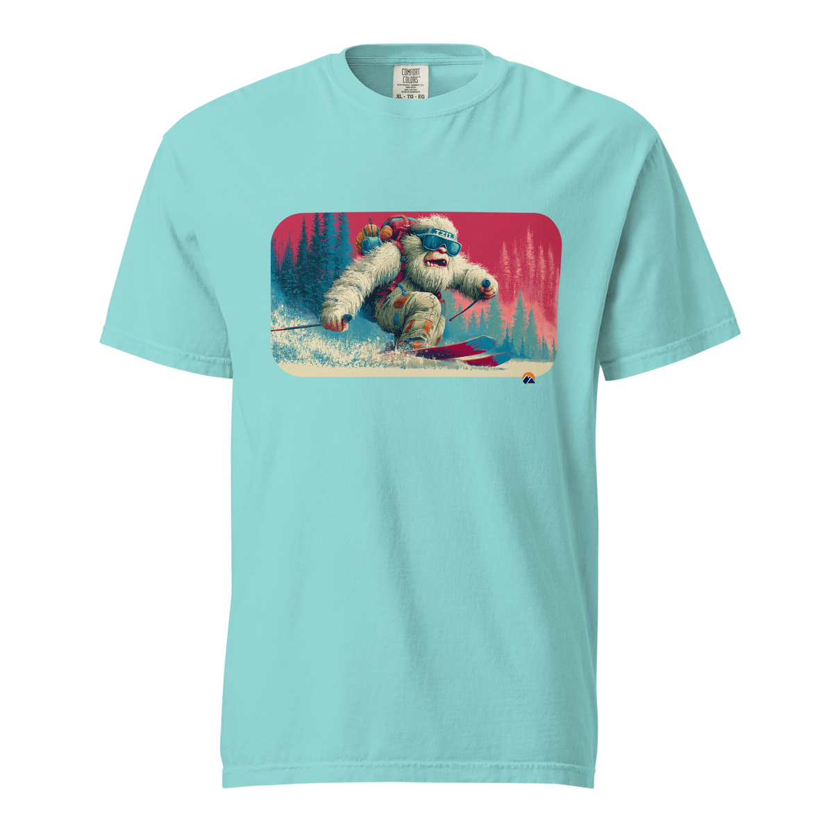 Pixel Yeti — Grin Dwellers Lagoon Blue heavyweight garment-dyed tee, front view